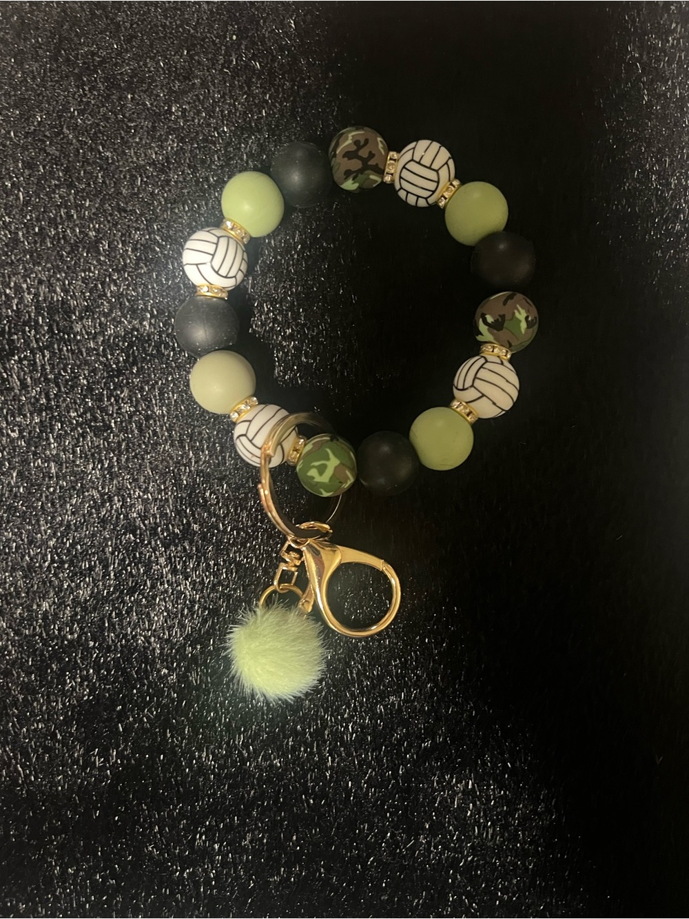 Volleyball Green Camouflage Beaded Keychain Bracelet with Pom Charm